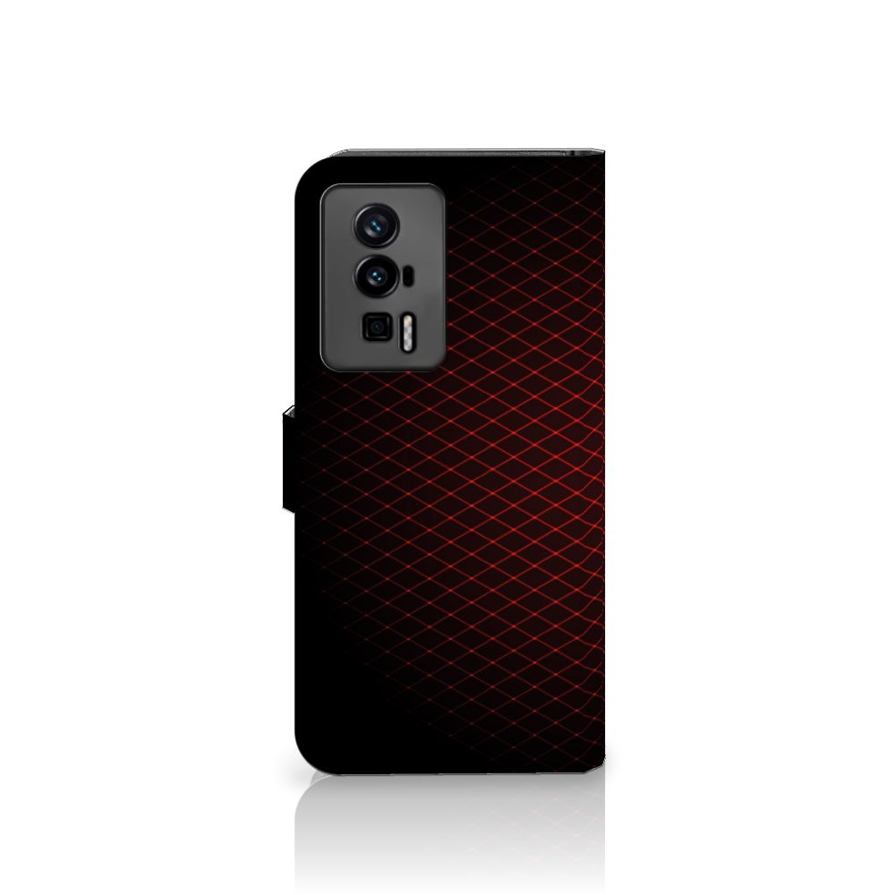 Xiaomi Poco F5 Pro Telefoon Hoesje Geruit Rood met ruimte voor 3 pasjes en strak design.