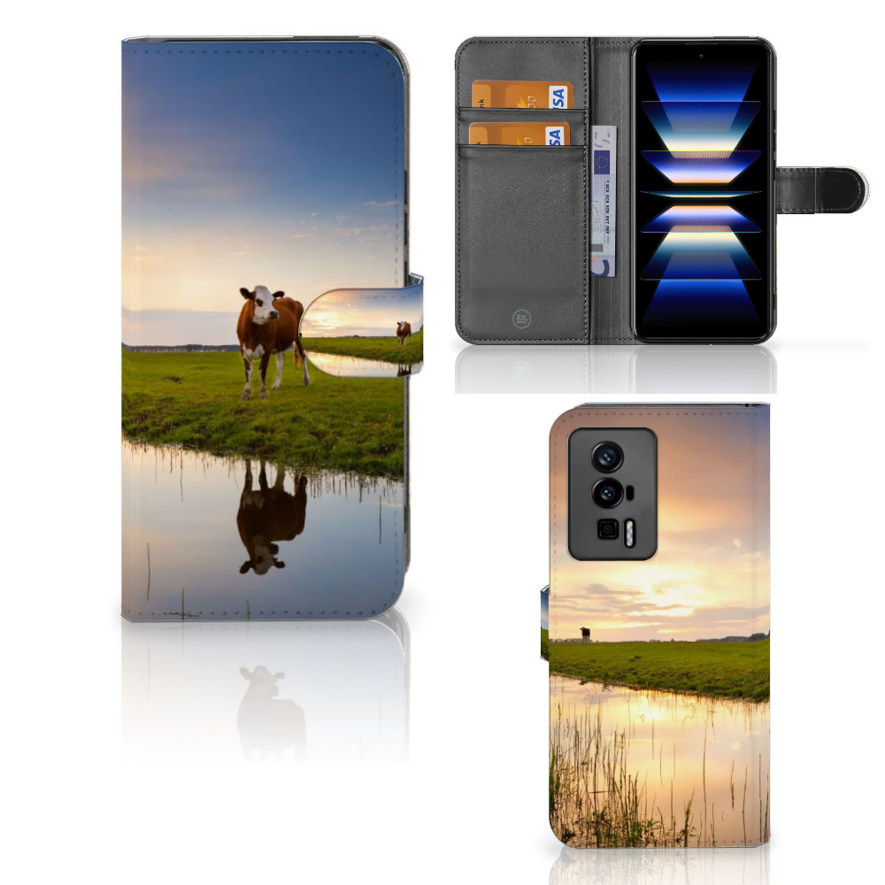 Xiaomi Poco F5 Pro Telefoonhoesje met Pasjes Koe telefoonhoesje koe weiland aanzicht