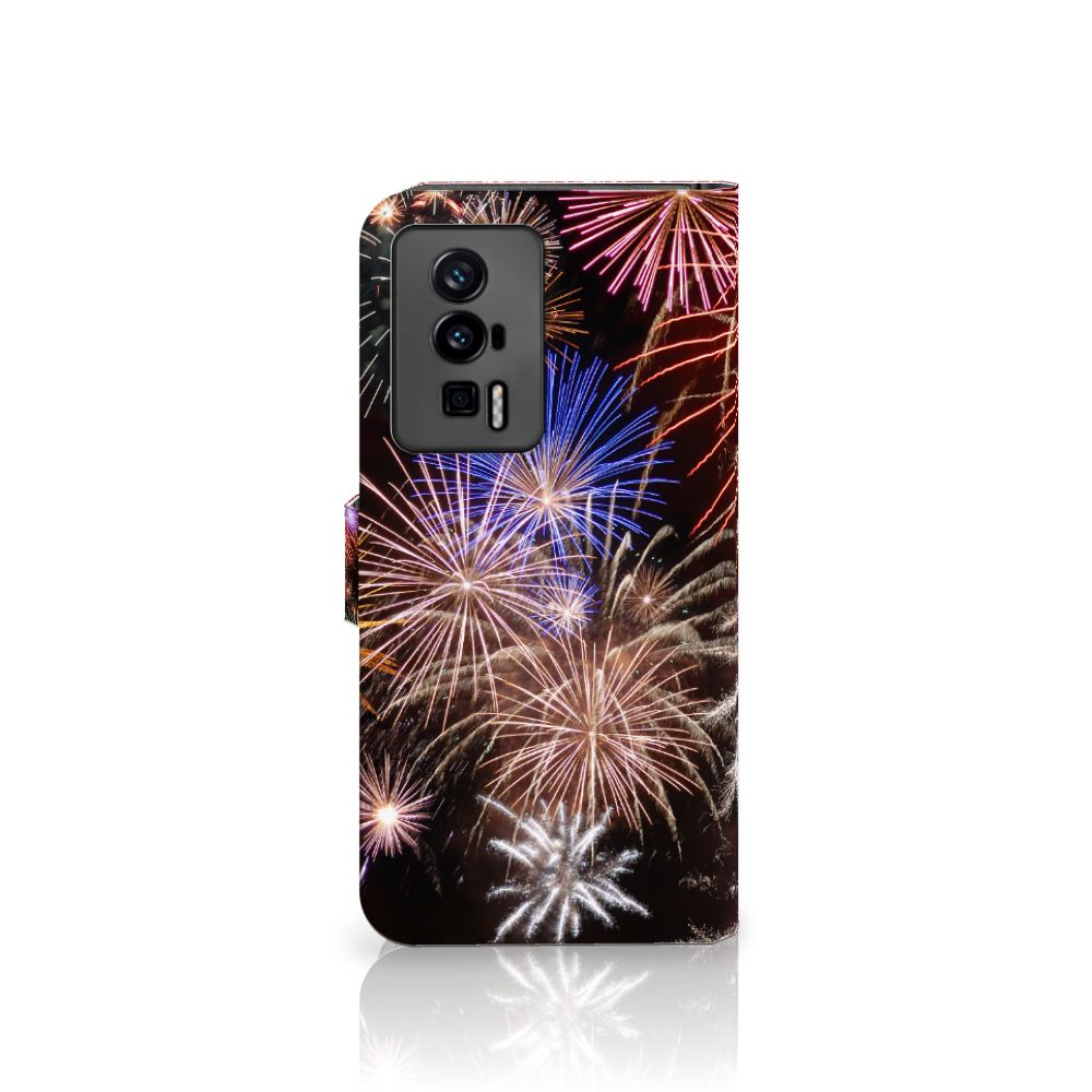 Xiaomi Poco F5 Pro Wallet Case met Pasjes Vuurwerk met kleurrijke siervuurwerkprint 🎆 voor gebruiksgemak en bescherming.