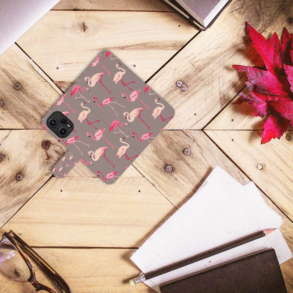Xiaomi Poco F5 Telefoonhoesje met Pasjes Flamingo design flamingo bovenaanzicht