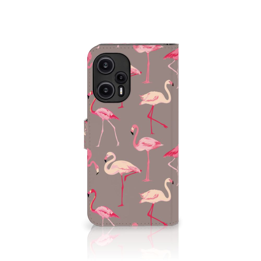 Xiaomi Poco F5 Telefoonhoesje met Pasjes Flamingo hoesje flamingo design zijaanzicht