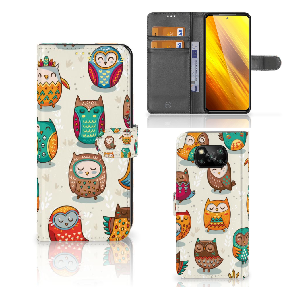 Xiaomi Poco X3 Poco X3 Pro Telefoonhoesje met Pasjes Vrolijke Uilen design uilen kleurrijk aanzicht