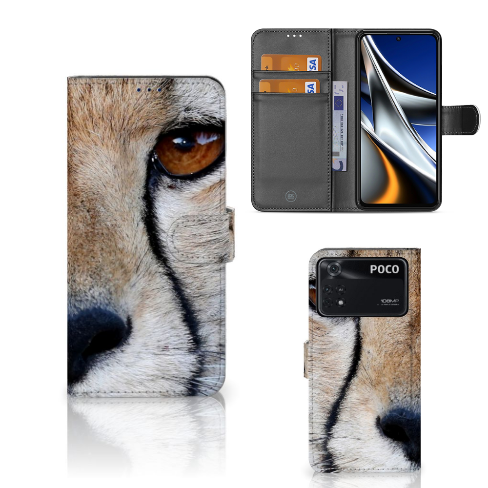 Xiaomi Poco X4 Pro 5G Telefoonhoesje met Pasjes Cheetah met close-up afbeelding van een cheeta.