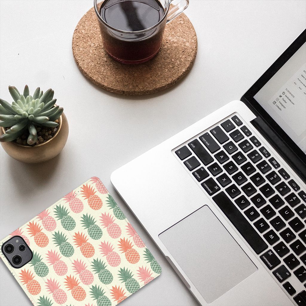 Xiaomi Redmi 12 4G Flip Style Cover Ananas telefoonhoesje ananas design bovenaanzicht
