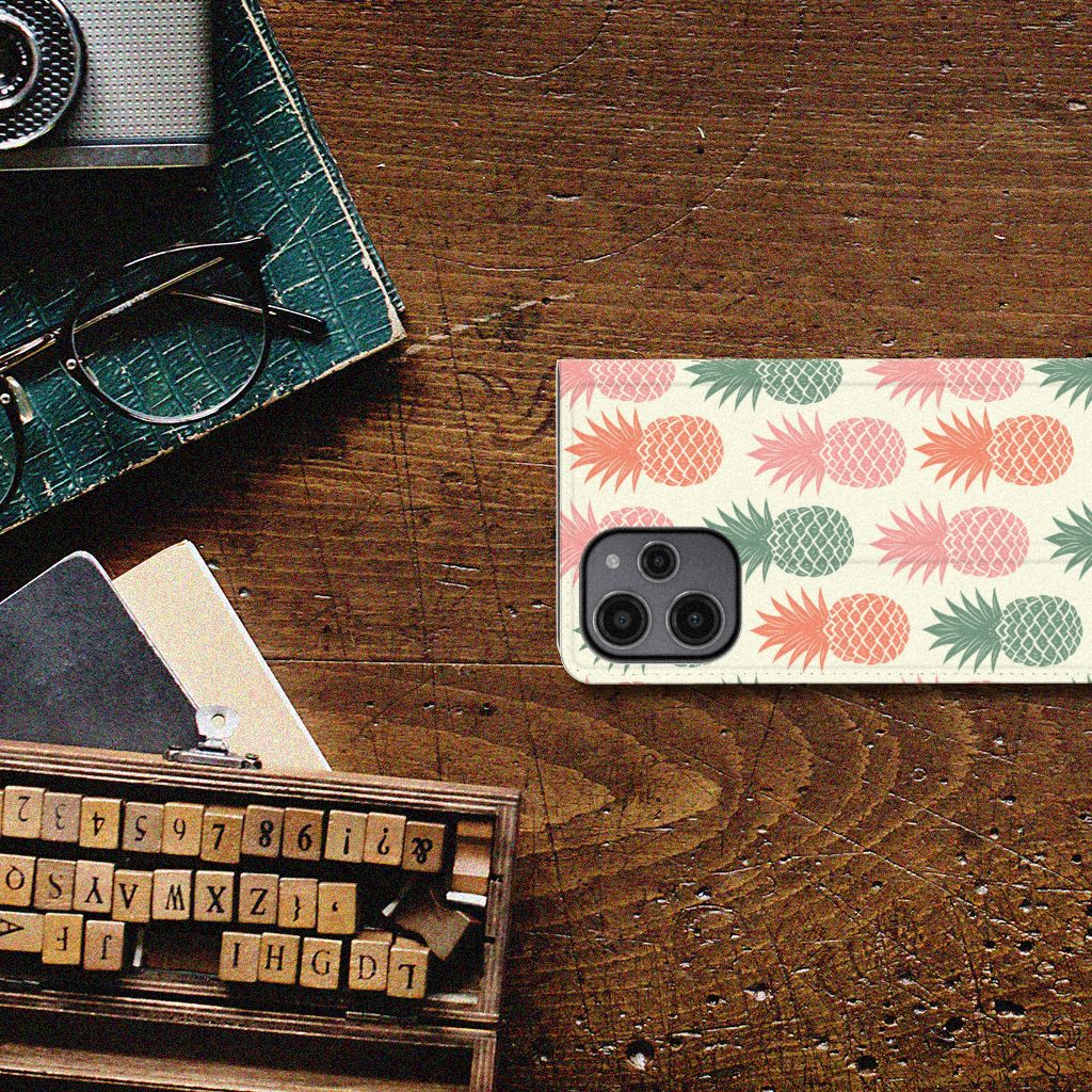 Xiaomi Redmi 12 4G Flip Style Cover Ananas telefoonhoes ananas design bovenaanzicht