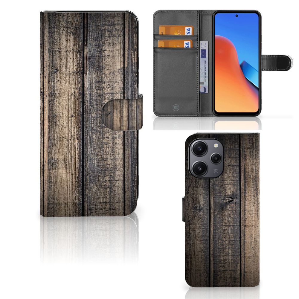 Xiaomi Redmi 12 Book Style Case Steigerhout met ruimte voor pasjes, robuuste uitstraling en duurzame bescherming.