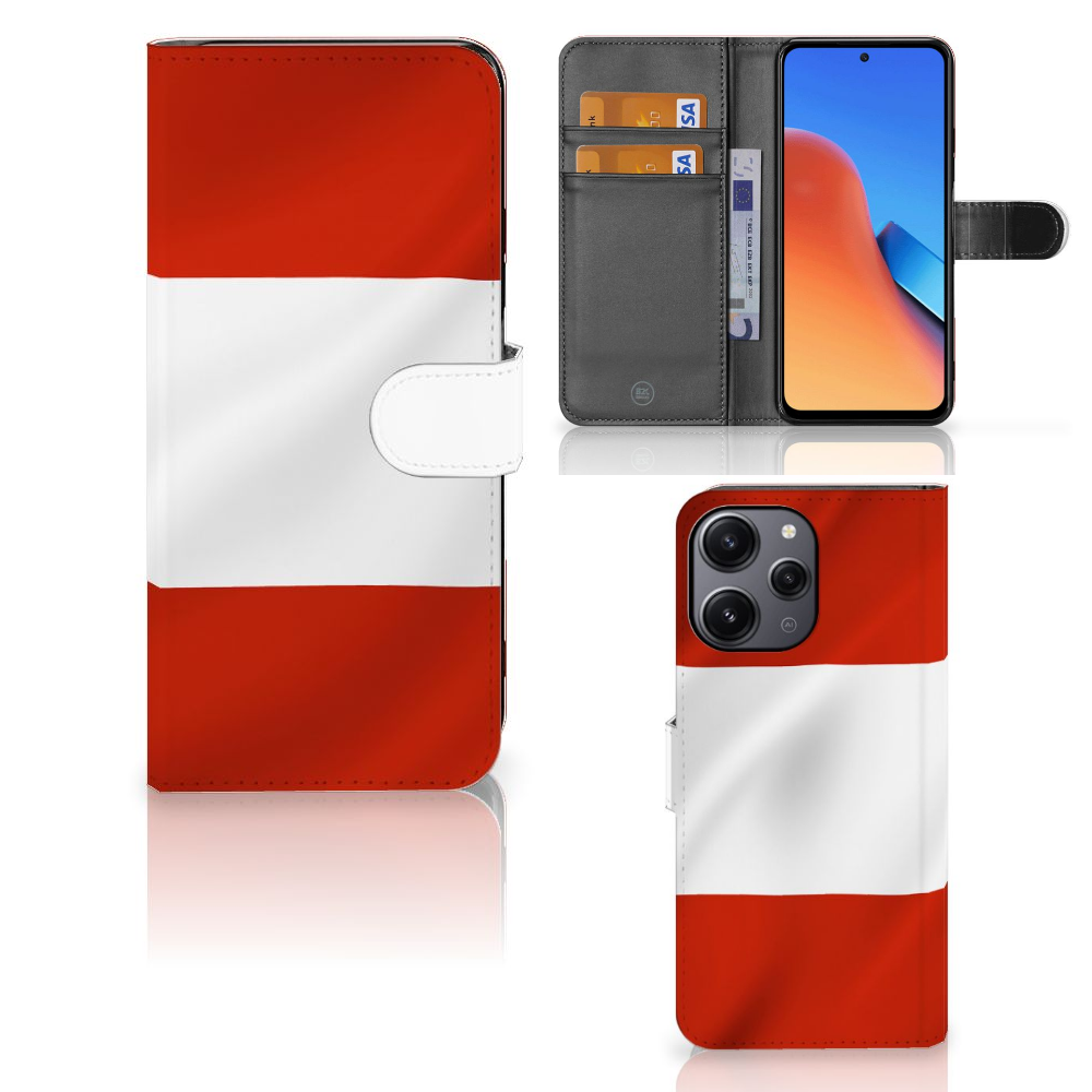 Xiaomi Redmi 12 Bookstyle Case Oostenrijk vlag design voorzijde achterzijde