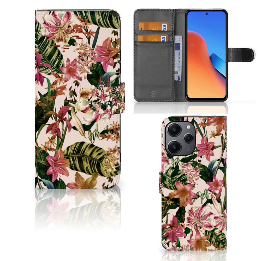 Xiaomi Redmi 12 Hoesje Flowers boekvorm tropisch design aanzicht