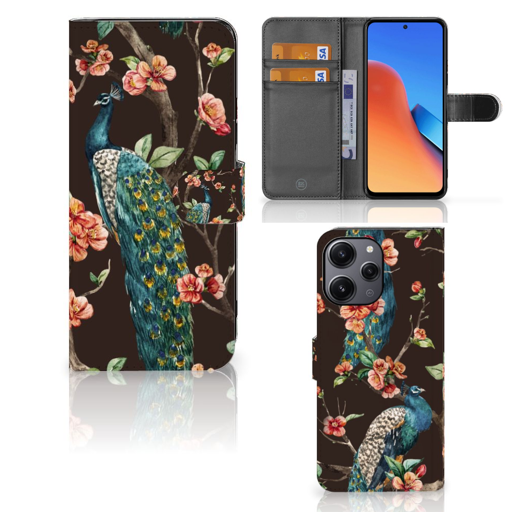 Xiaomi Redmi 12 Telefoonhoesje met Pasjes Pauw met Bloemen smartphone hoesje pauw bloemen aanzicht