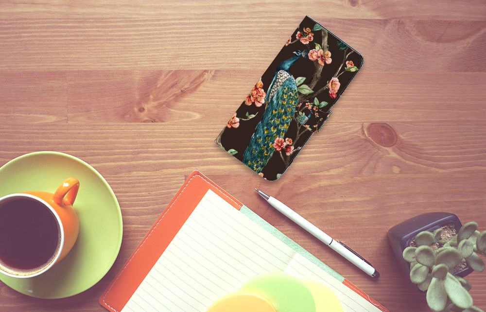 Xiaomi Redmi 12 Telefoonhoesje met Pasjes Pauw met Bloemen design pauw bloemen aanzicht