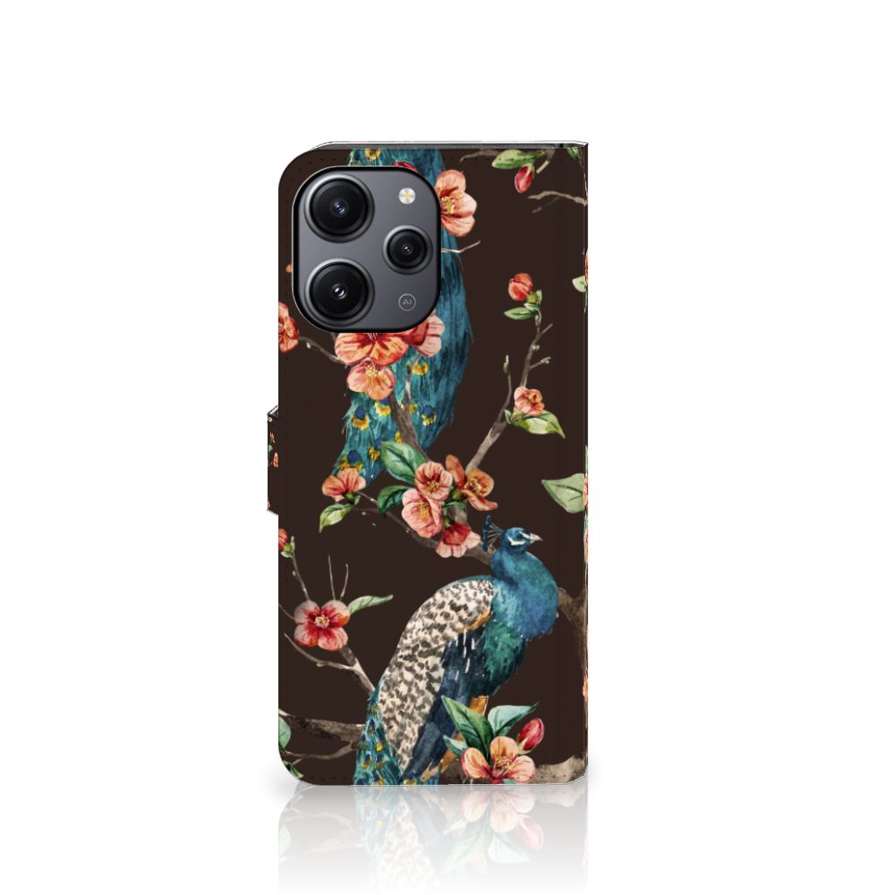 Xiaomi Redmi 12 Telefoonhoesje met Pasjes Pauw met Bloemen telefoonhoesje pauw bloemen design voorkant