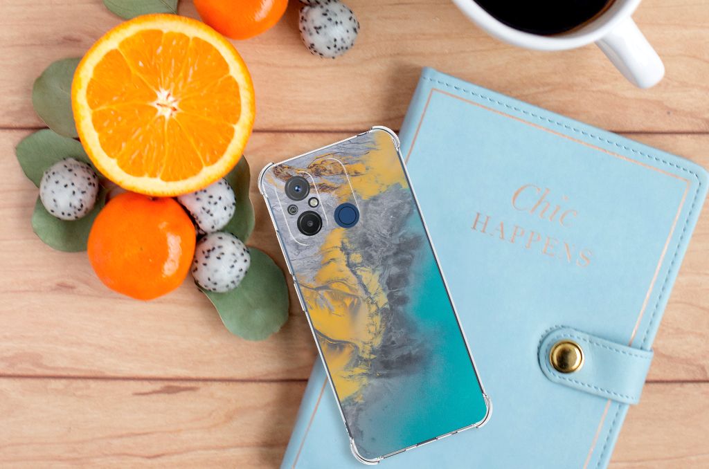 Xiaomi Redmi 12C Anti-Shock Hoesje Marble Blue Gold achteraanzicht