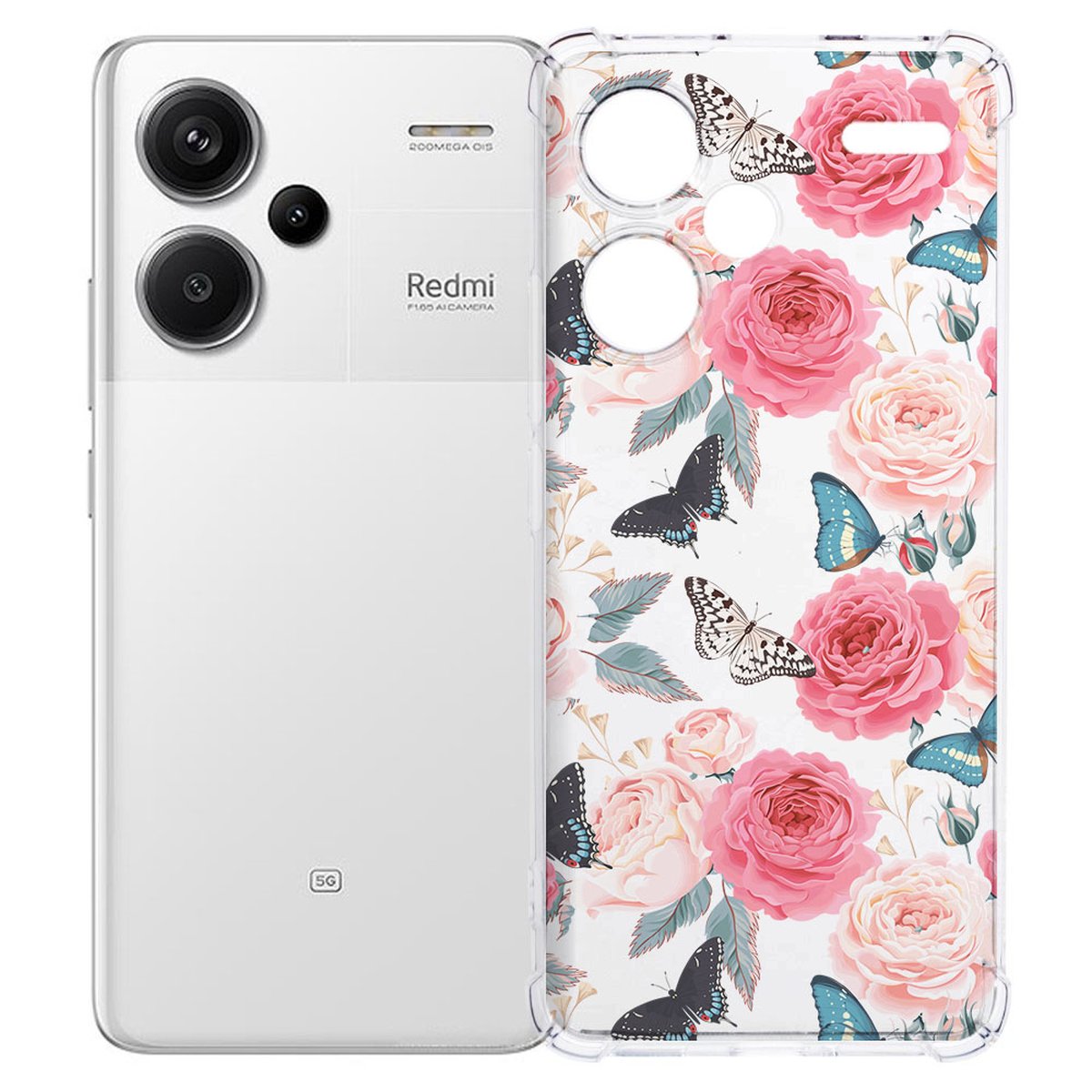 Xiaomi Redmi 13 Pro Plus Hoesje Butterfly Roses TPU Antishock bloemenprint smartphone hoesje