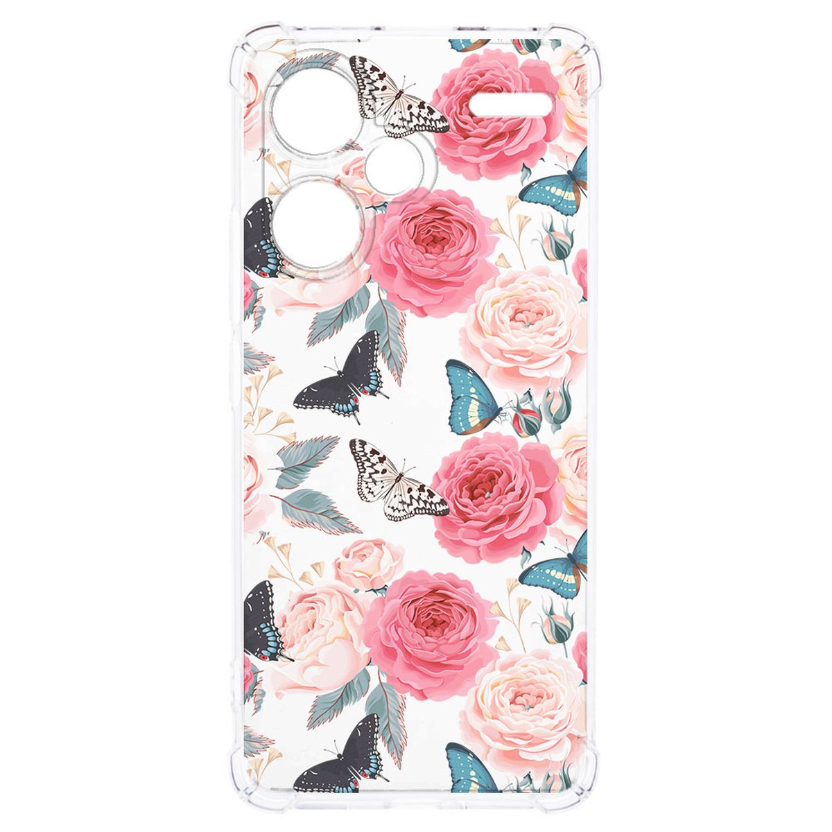 Xiaomi Redmi 13 Pro Plus Hoesje Butterfly Roses TPU Antishock bloemenprint transparant aanzicht