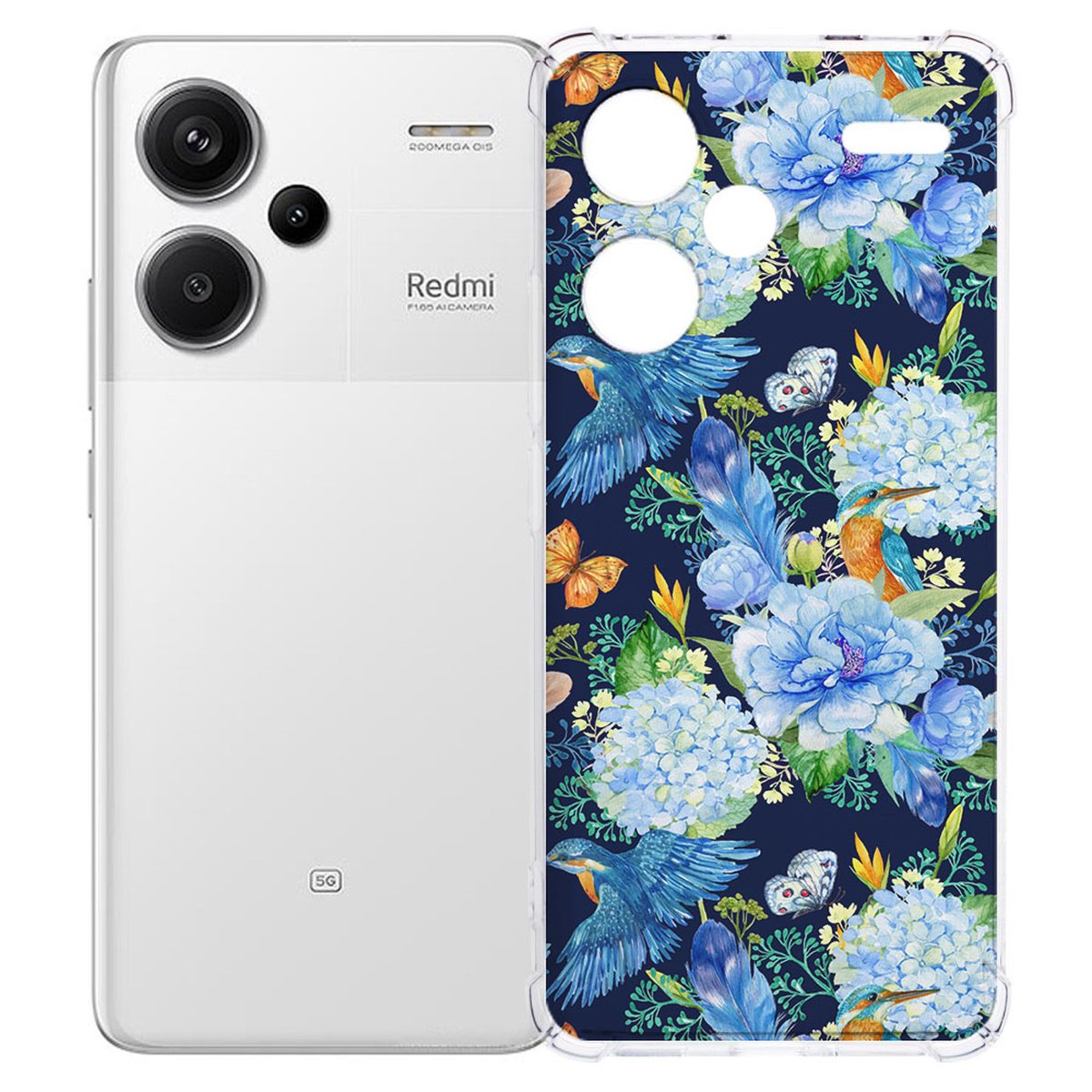 Xiaomi Redmi 13 Pro Plus Hoesje IJsvogel TPU Antishock bloemen design achterzijde