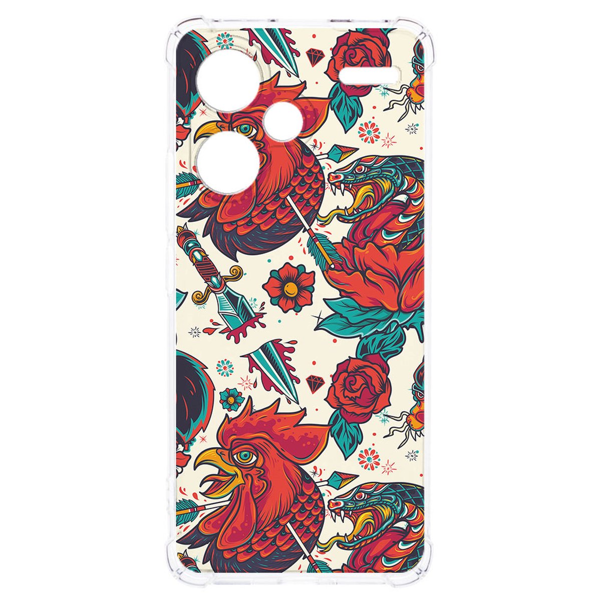 Xiaomi Redmi 13 Pro Plus Hoesje - Old Skool TPU Antishock kleurrijke print rooster bloemen design vooraanzicht