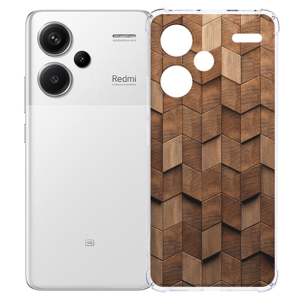 Xiaomi Redmi 13 Pro Plus Hoesje Wooden Cubes TPU Antishock houten vijfhoekig design achteraanzicht