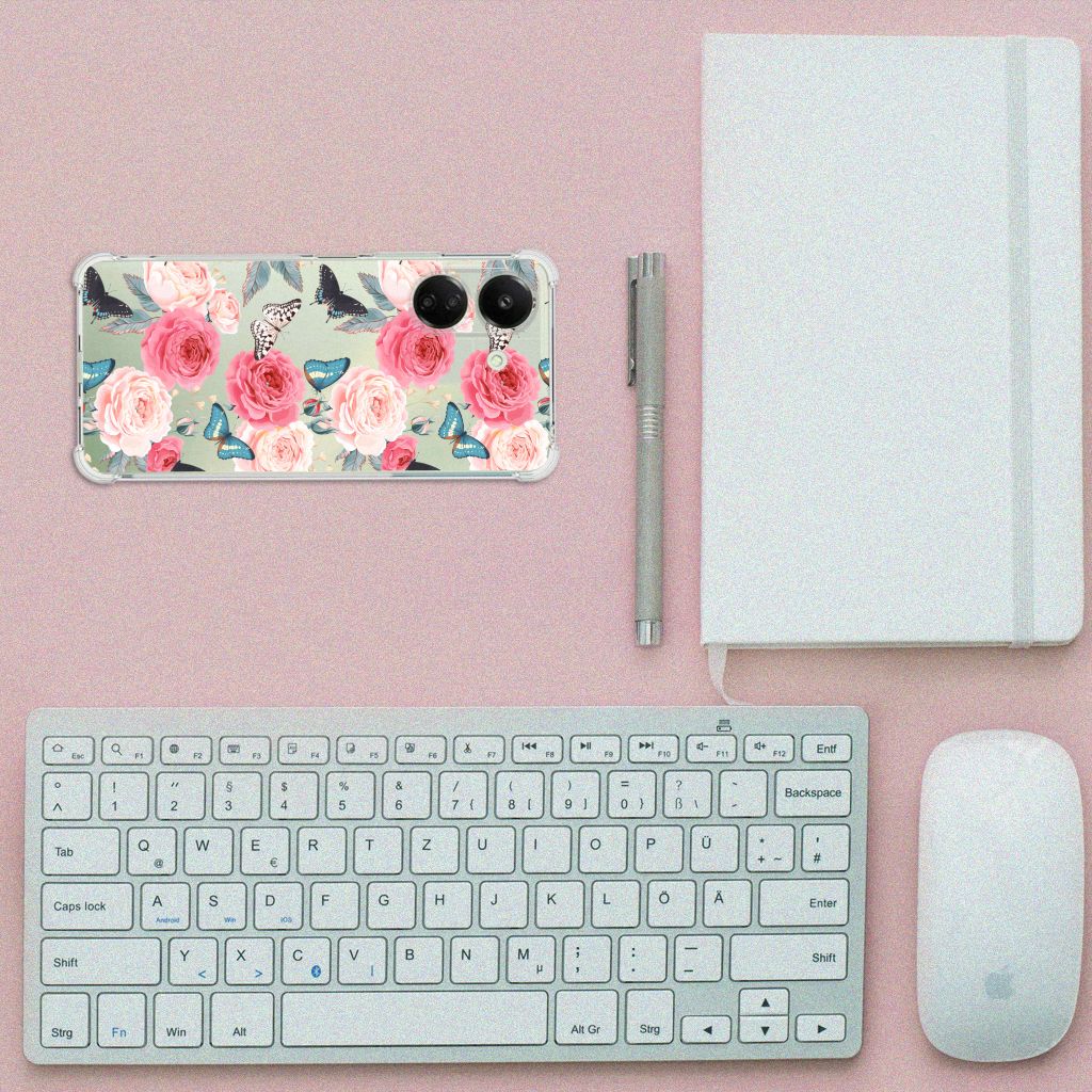 Xiaomi Redmi 13C 4G Case Butterfly Roses aanzicht telefoonhoesje met bloemen toetsenbord notitieboekje mbit