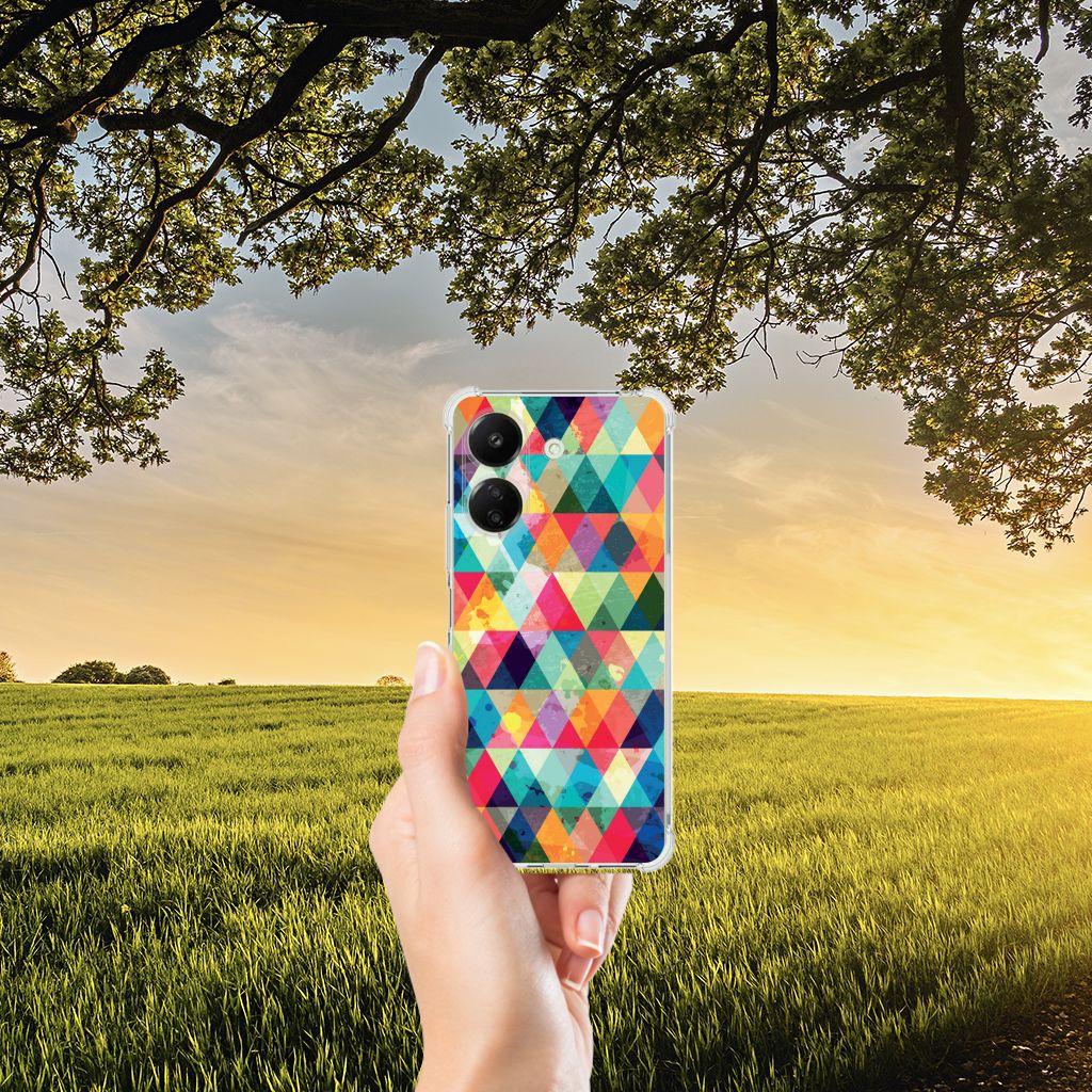 Xiaomi Redmi 13C 4G Doorzichtige Silicone Hoesje Geruit kleurrijk geometrisch design aanzicht