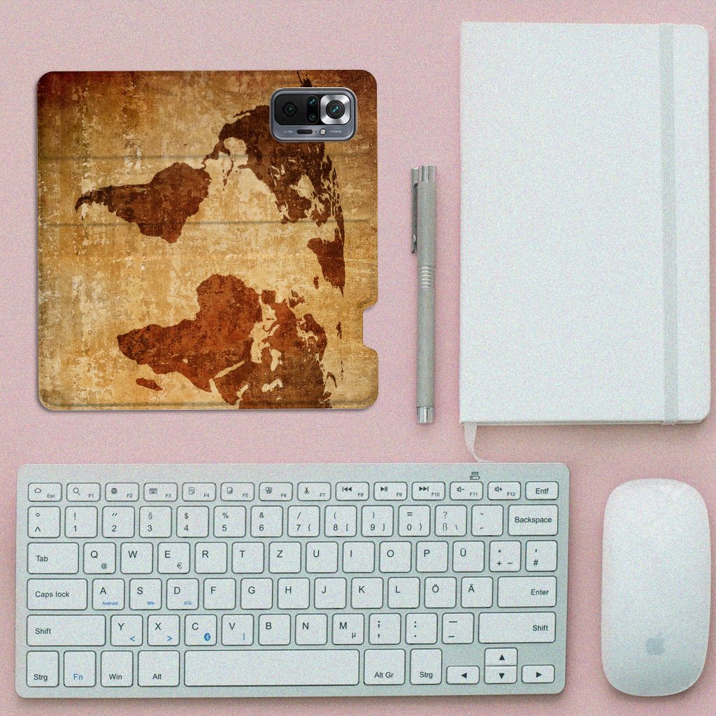 Xiaomi Redmi Note 10 Pro Book Cover Wereldkaart wereldkaart design bovenaanzicht