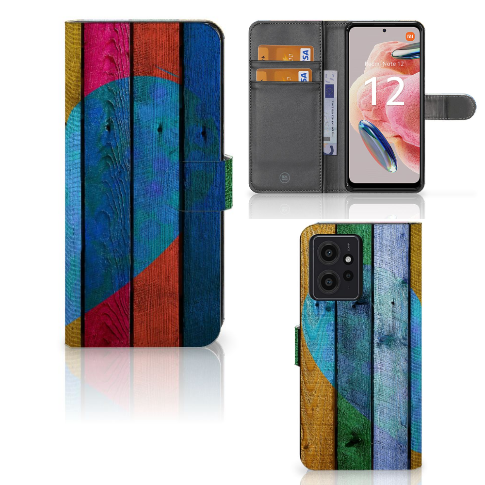 Xiaomi Redmi Note 12 4G Book Style Case Wood Heart - Cadeau voor je Vriend met kleurrijk houten design 🎁.