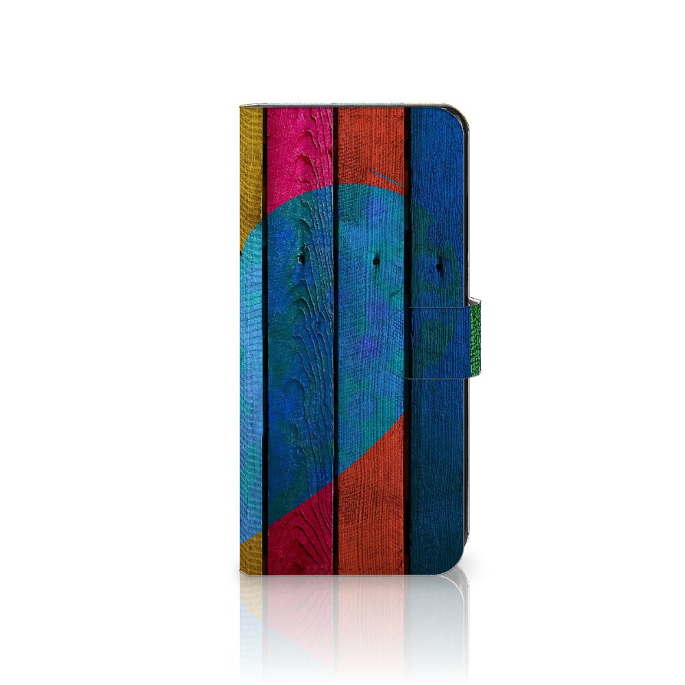 Xiaomi Redmi Note 12 4G Book Style Case Wood Heart - Cadeau voor je Vriend met kleurrijk hart boven houten achtergrond.