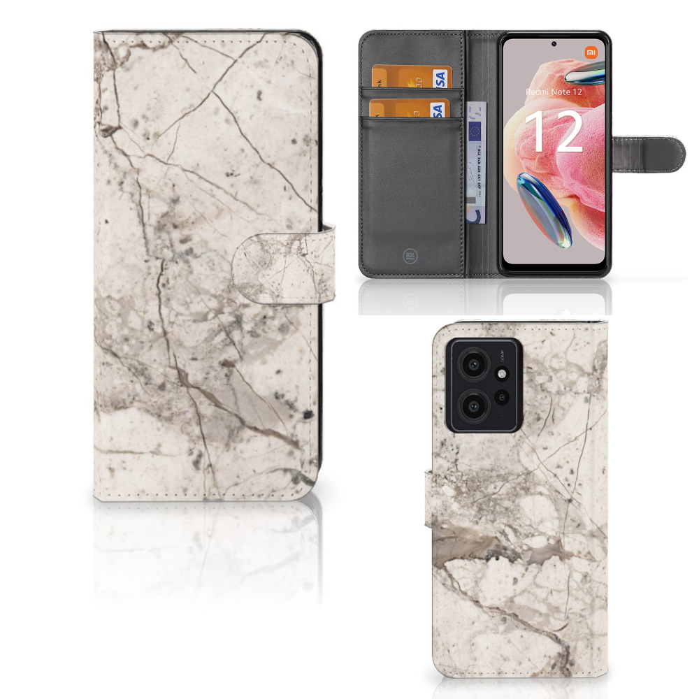 Xiaomi Redmi Note 12 4G Bookcase Marmer Beige met uniek marmerdesign, perfect als cadeau voor gebruiksgemak en bescherming.