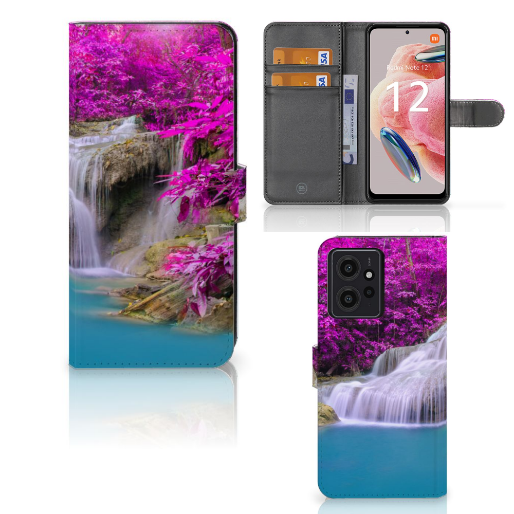 Xiaomi Redmi Note 12 4G Flip Cover Waterval met kalme waterval en paarse bomen voor uitstraling en bescherming.