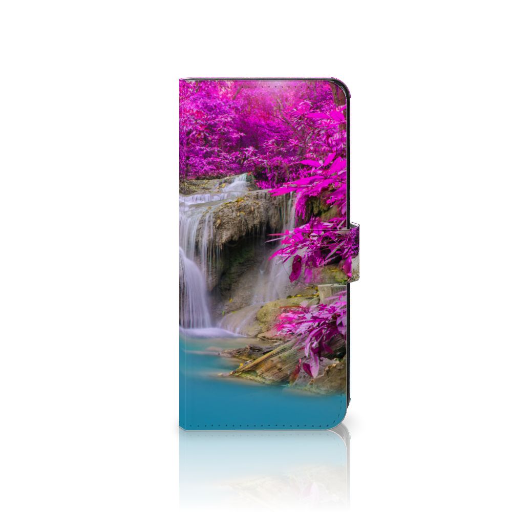 Xiaomi Redmi Note 12 4G Flip Cover Waterval met een serene waterval en paarse bomen voor bescherming en gebruiksgemak.