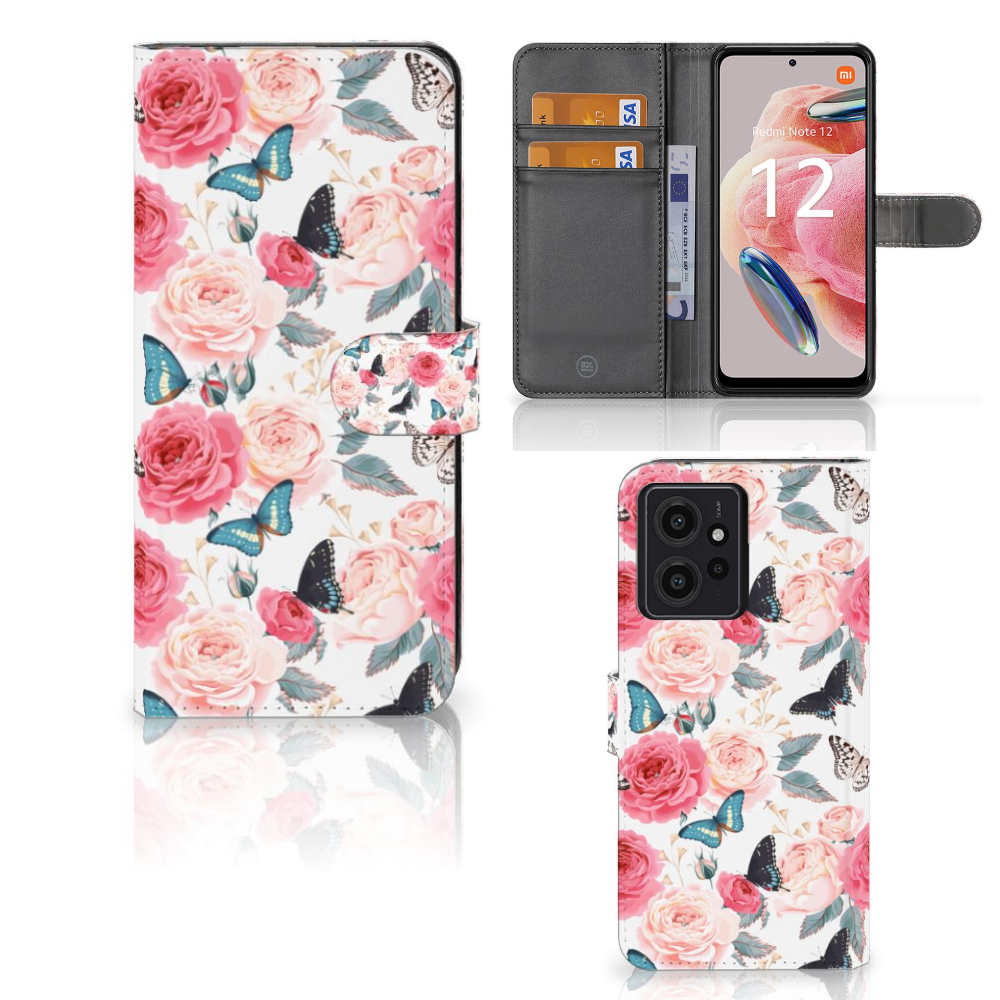 Xiaomi Redmi Note 12 4G Hoesje Butterfly Roses met roze rozen en vlinders voor stijl, bescherming en gebruiksgemak 🌹🦋.