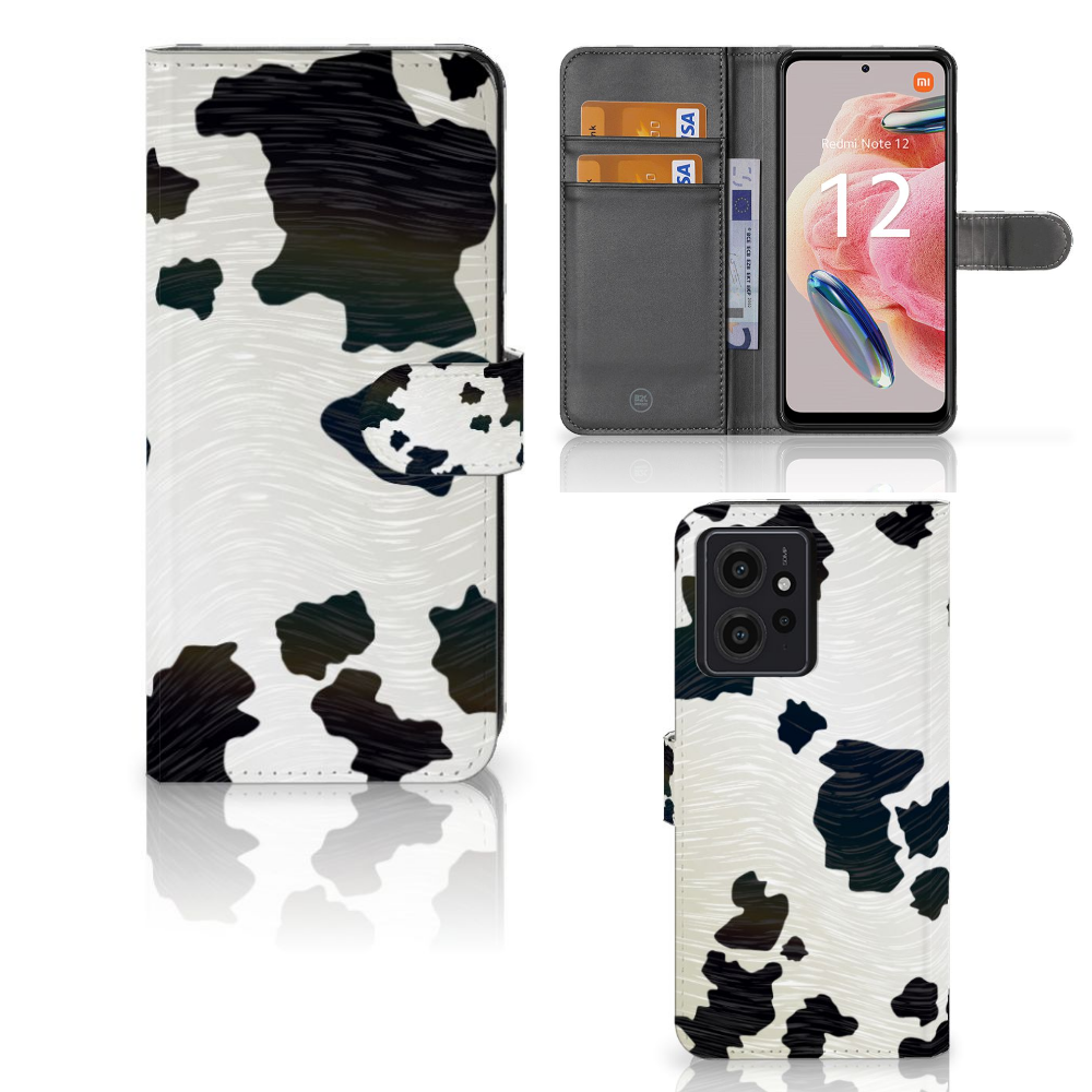 Xiaomi Redmi Note 12 4G Telefoonhoesje met Pasjes Koeienvlekken design voorzijde achterzijde