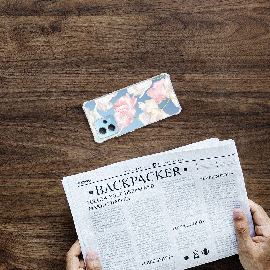 Xiaomi Redmi Note 12 5G Case Lovely Flowers bovenaanzicht op houten tafel