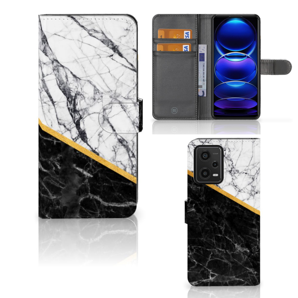 Xiaomi Redmi Note 12 5G Poco X5 Bookcase Marmer Wit Zwart design marmer patroon aanzicht