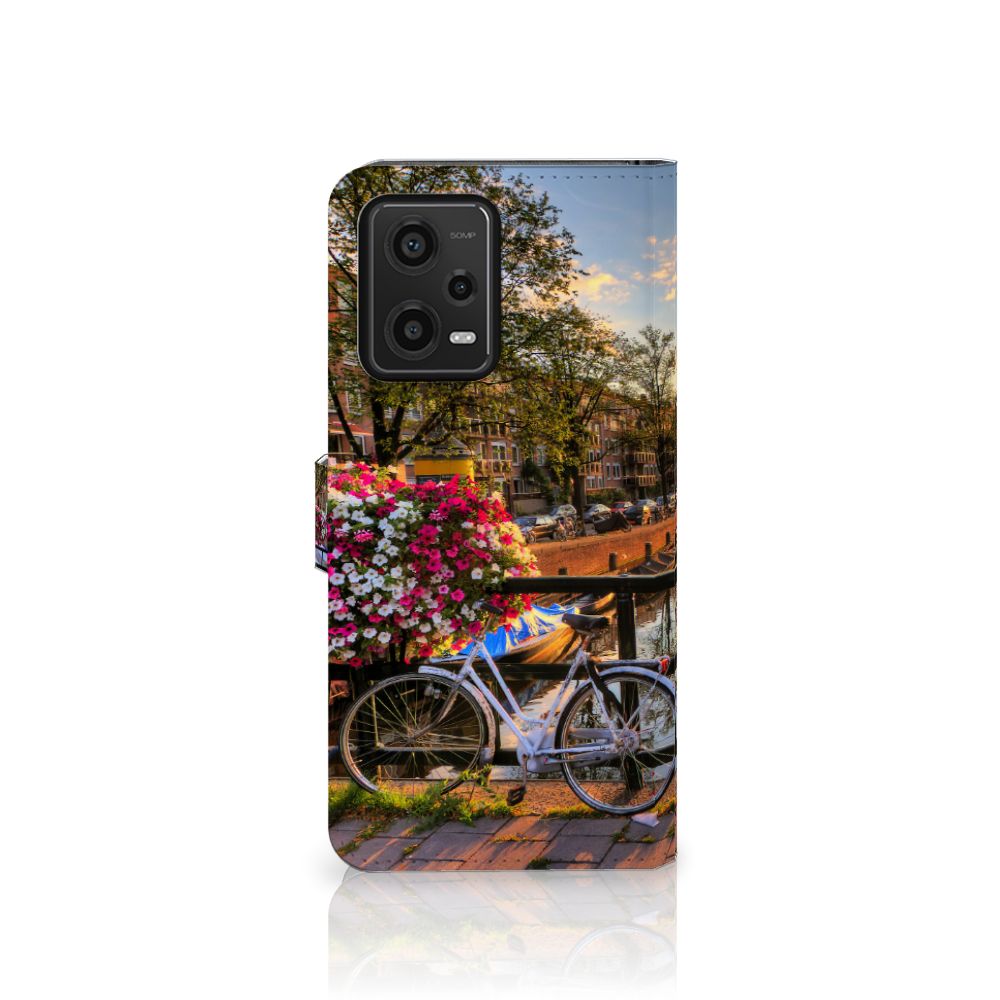 Xiaomi Redmi Note 12 5G Poco X5 Flip Cover Amsterdamse Grachten fiets bloemen vooraanzicht