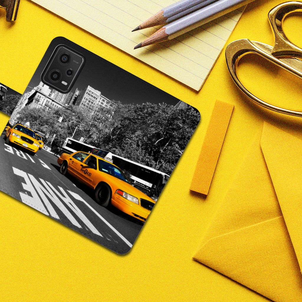 Xiaomi Redmi Note 12 5G Poco X5 Flip Cover New York Taxi design taxi zwart wit aanzicht
