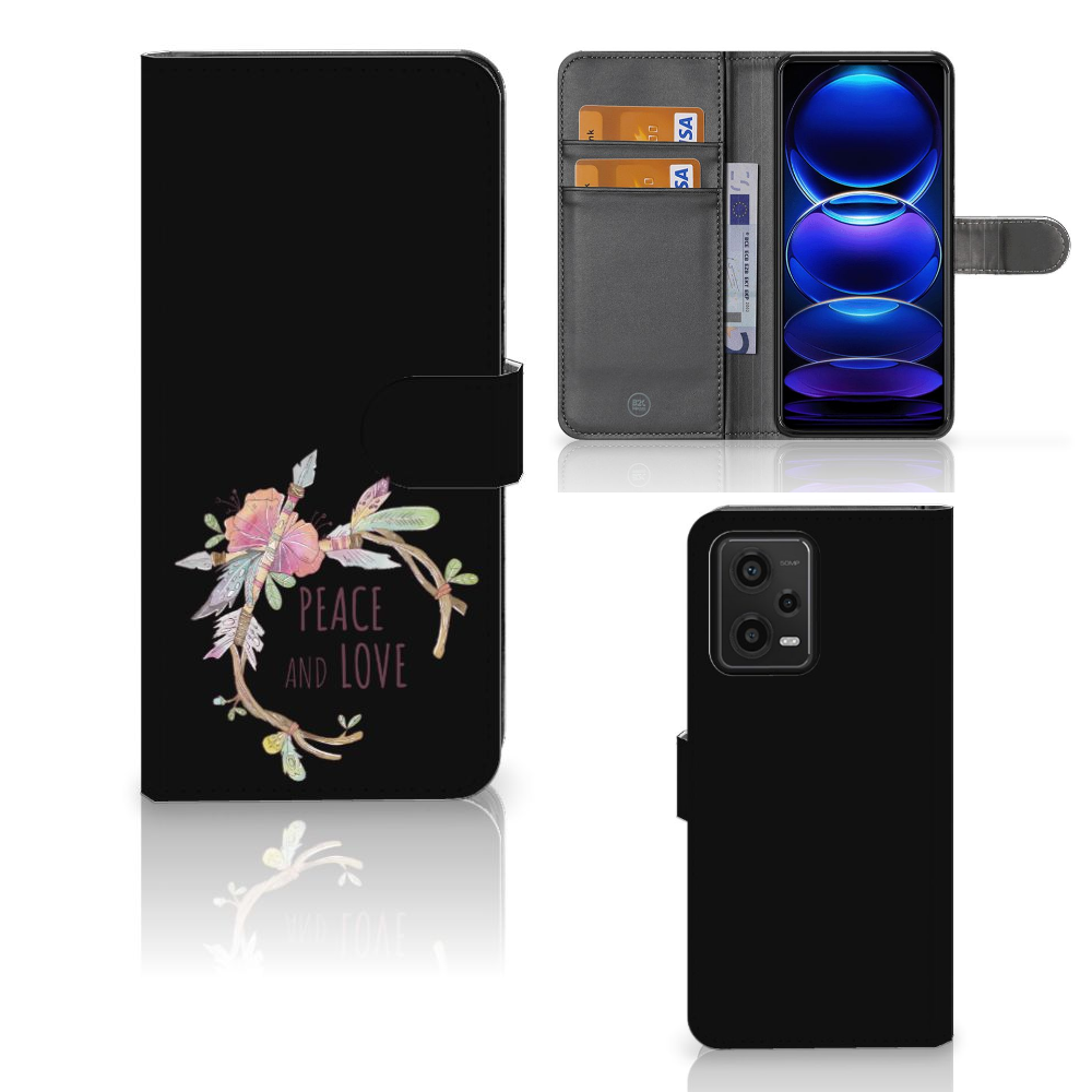 Xiaomi Redmi Note 12 5G Poco X5 Leuk Hoesje Boho Text aanzicht met pasjes vakken en bloemen design