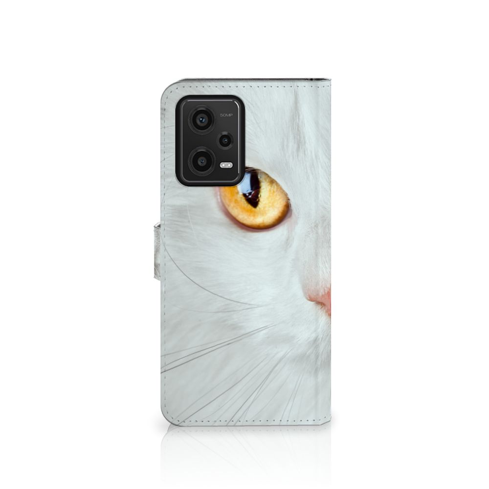 Xiaomi Redmi Note 12 5G Poco X5 telefoonhoesje met pasjes Witte Kat design kat gezicht aanzicht