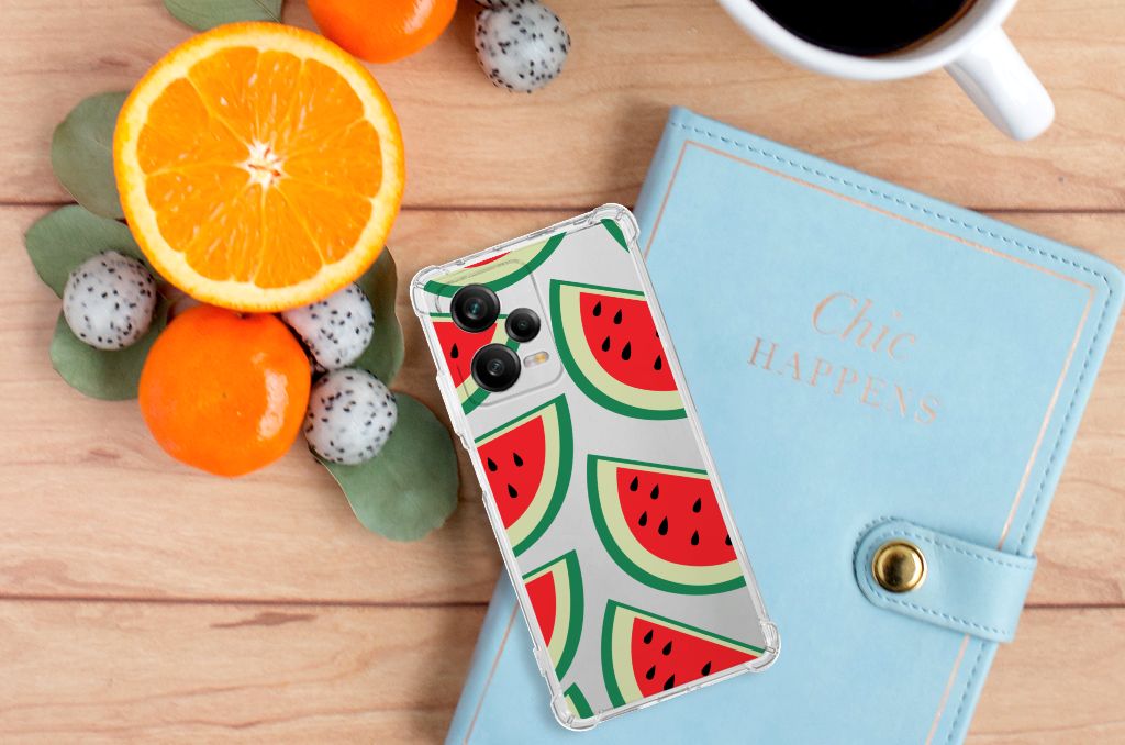 Xiaomi Redmi Note 12 Pro Plus Beschermhoes Watermelons bovenaanzicht met fruit op houten tafel