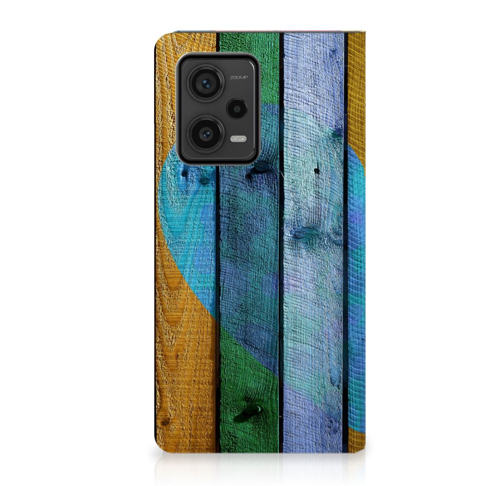 Xiaomi Redmi Note 12 Pro Plus Book Wallet Case Wood Heart voorkant kleurrijk design