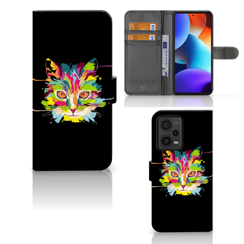 Xiaomi Redmi Note 12 Pro Plus Leuk Hoesje Cat Color cat kleurrijk zwart voor achterkant