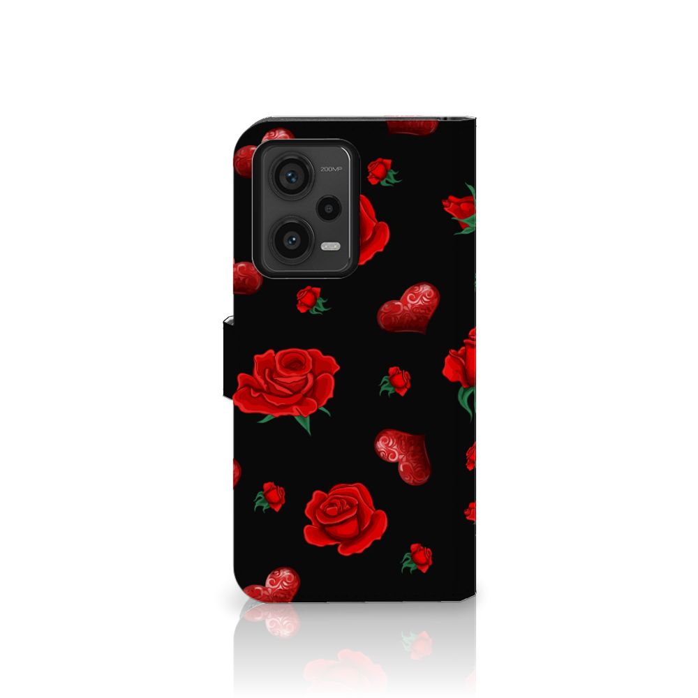 Xiaomi Redmi Note 12 Pro Plus Leuk Hoesje Valentine rozen hartjes zwart voorkant
