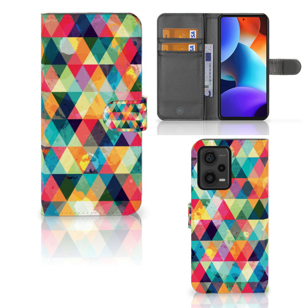 Xiaomi Redmi Note 12 Pro Plus Telefoon Hoesje Geruit met kleurrijke ruiten en ruimte voor 3 pasjes, perfect als cadeau! 🎁