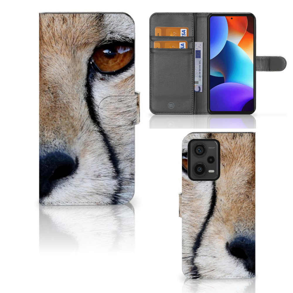Xiaomi Redmi Note 12 Pro Plus Telefoonhoesje met Pasjes Cheetah close-up design, ruimte voor 3 pasjes.
