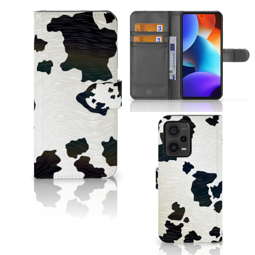 Xiaomi Redmi Note 12 Pro Plus Telefoonhoesje met Pasjes Koeienvlekken design vooraan en binnenkant met pasjes