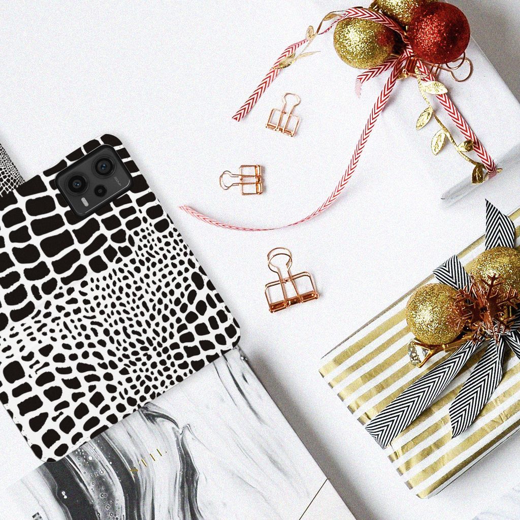 Xiaomi Redmi Note 12 Pro Plus Telefoonhoesje met Pasjes Slangenprint zwart wit bovenaanzicht