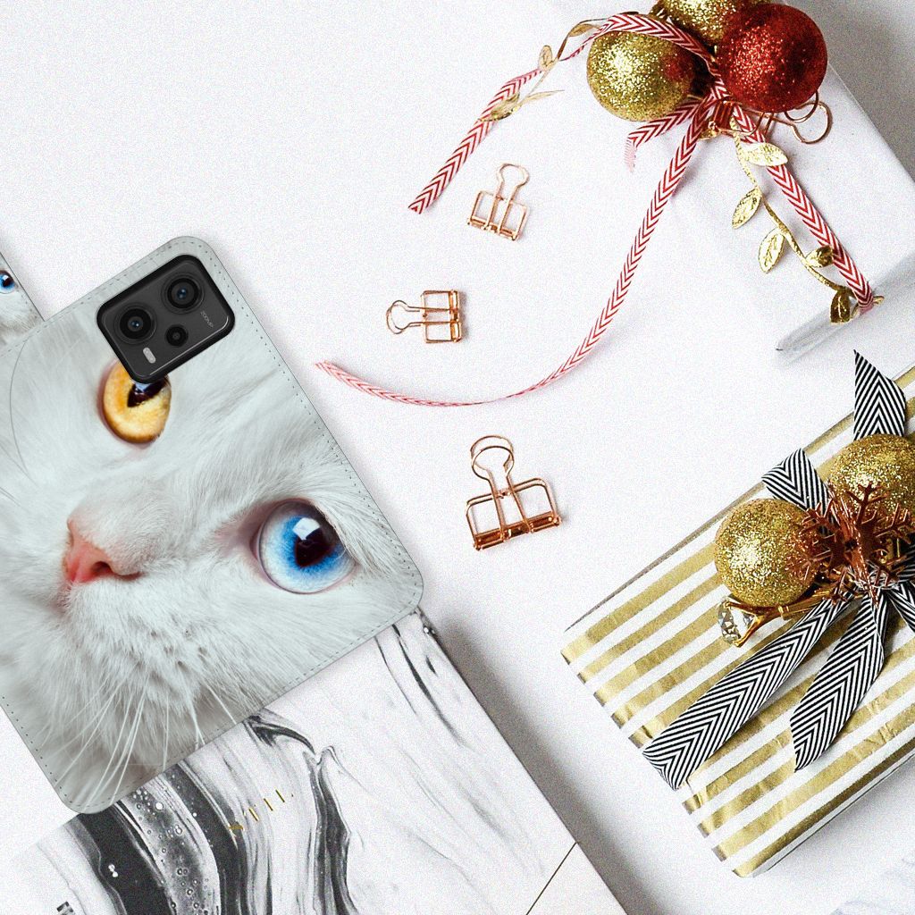 Xiaomi Redmi Note 12 Pro Plus Telefoonhoesje met Pasjes Witte Kat kat close-up design