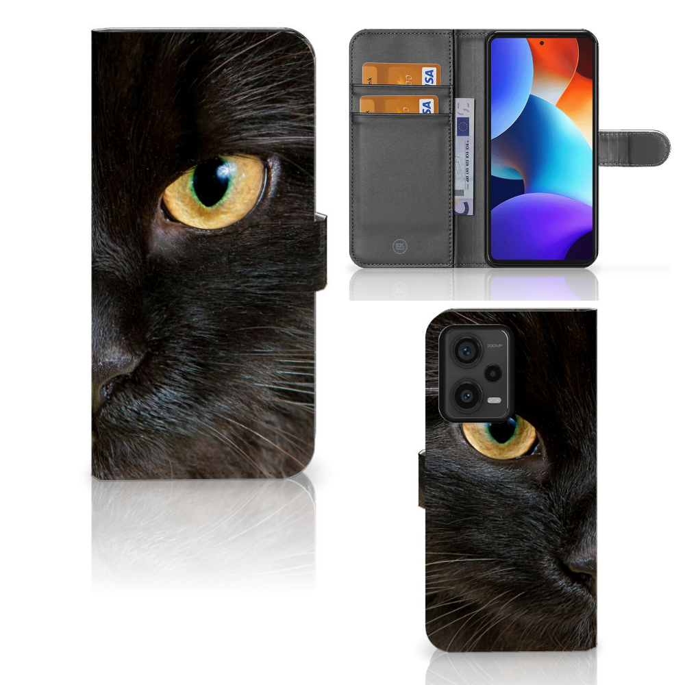 Xiaomi Redmi Note 12 Pro Plus Telefoonhoesje met Pasjes Zwarte Kat met een indringende blik van een zwarte kat 🐈.
