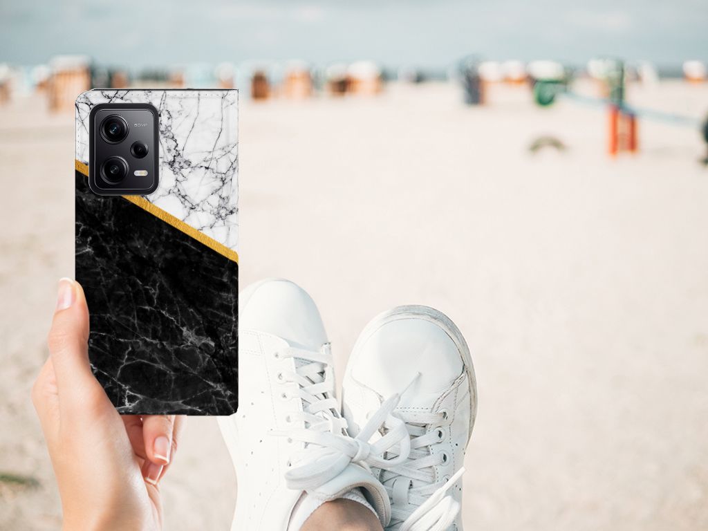 Xiaomi Redmi Note 12 Pro Poco X5 Pro Standcase Marmer Wit Zwart design zwartwit marmer aanzicht