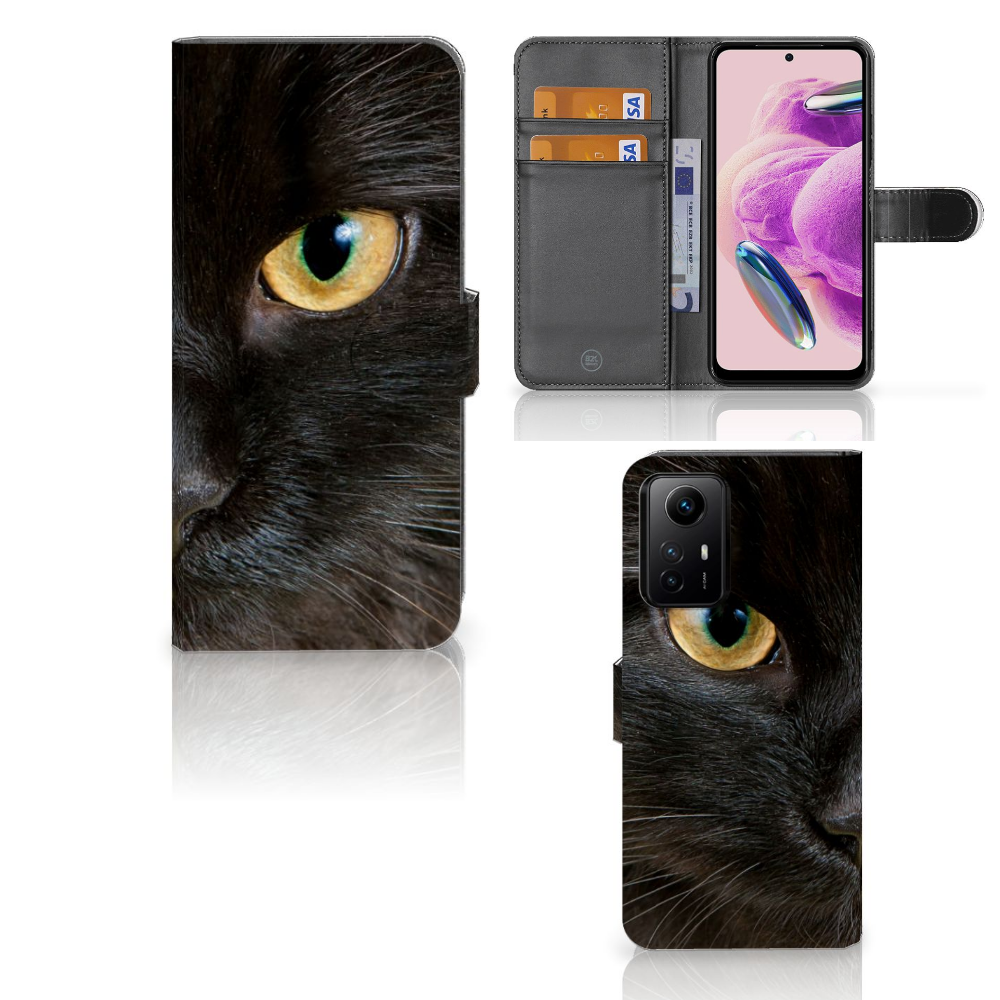 Xiaomi Redmi Note 12S Telefoonhoesje met Pasjes Zwarte Kat design zwarte kat aanzicht