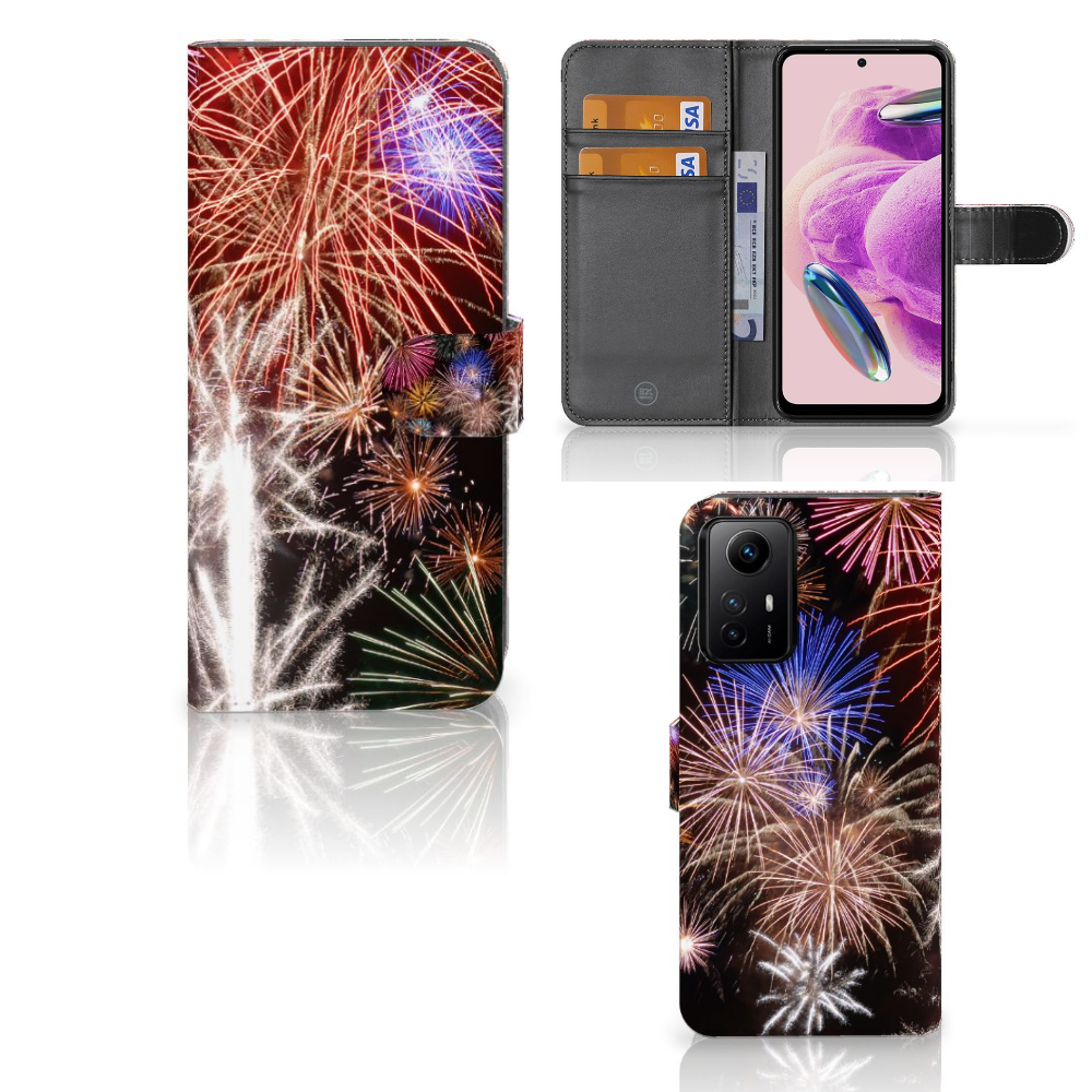 Xiaomi Redmi Note 12S Wallet Case met Pasjes Vuurwerk hoesje siervuurwerk kleuren aanzicht
